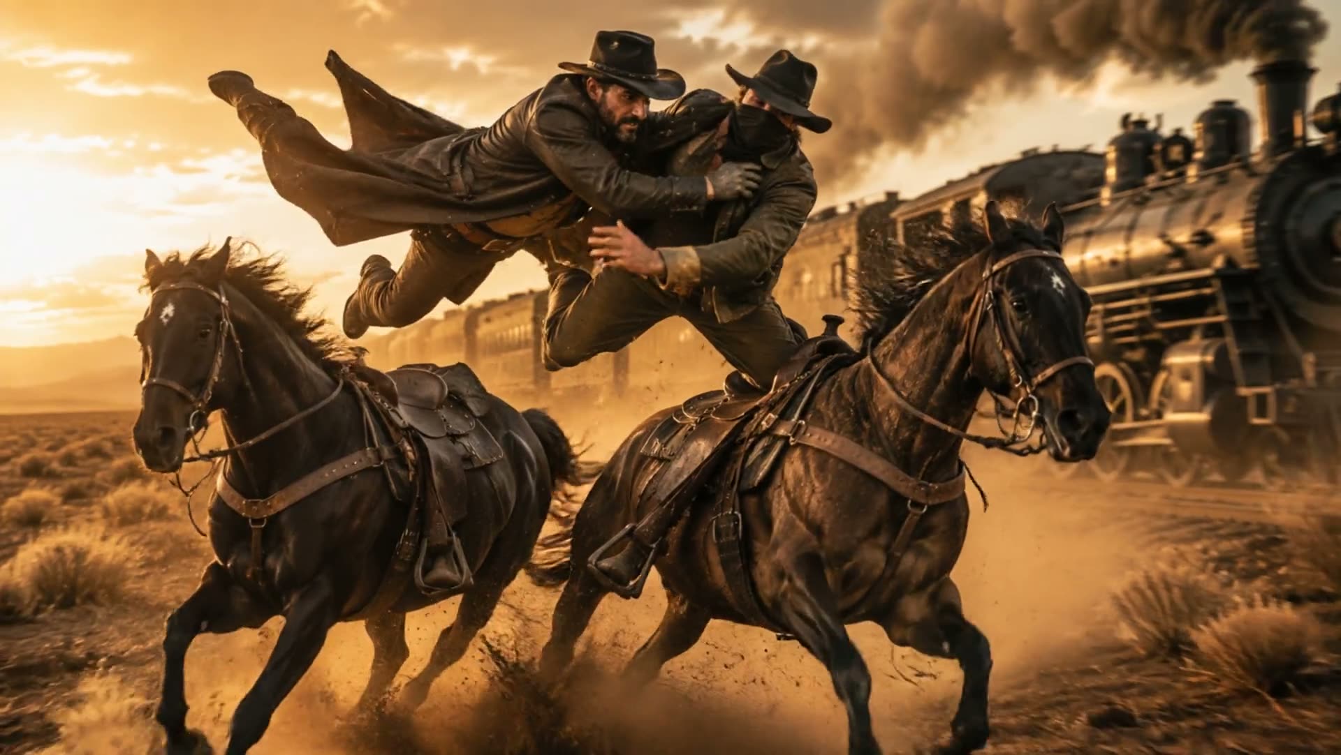 An anonymized cinematic motion study with a train moving through a wide landscape
