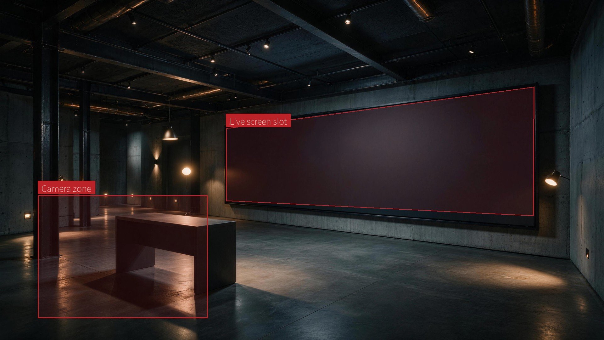 A dark modern broadcast room with its live screen and camera zone marked