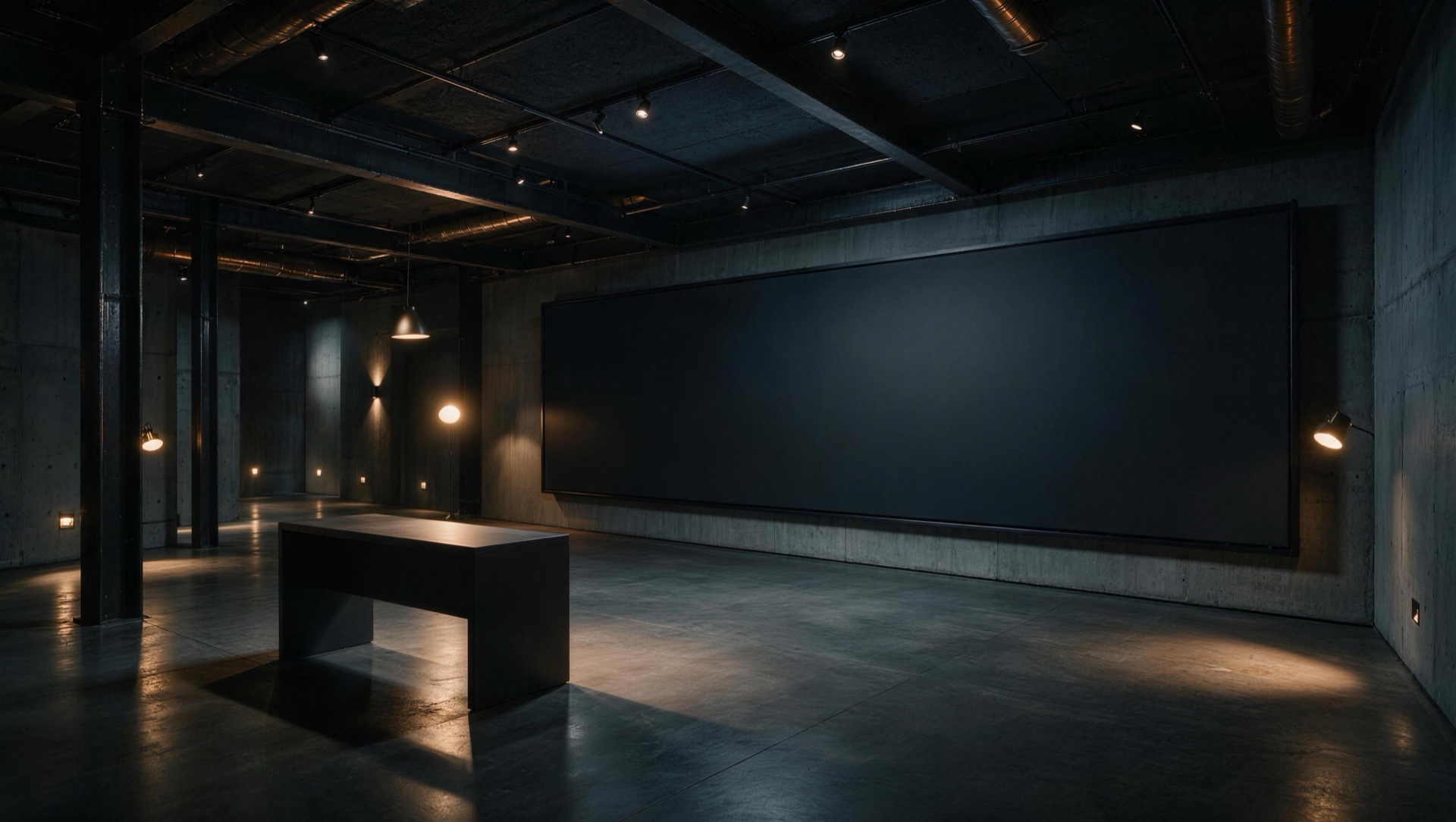 A dark modern broadcast room with a large blank screen, warm practical lights, and a minimal desk
