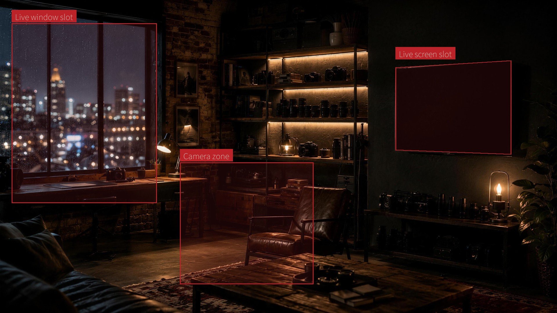 A moody creator loft with a rainy city window and marked live areas