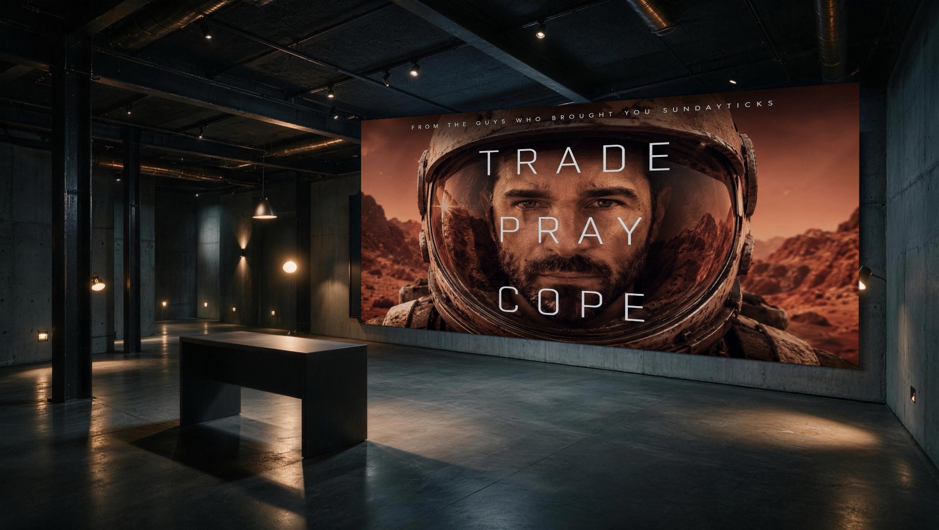 Campaign imagery composed across a wide display inside a virtual environment